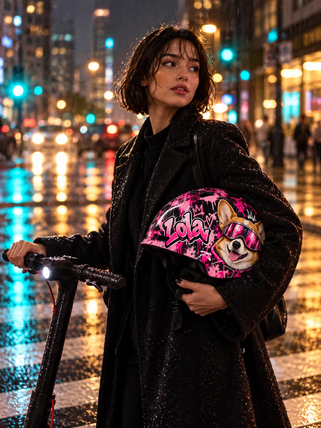 A woman with a short bob in a long black coat at a rainy night crossing, an electric scooter beside her and a pink graffiti helmet with the name Lola and a corgi in pink goggles under her arm