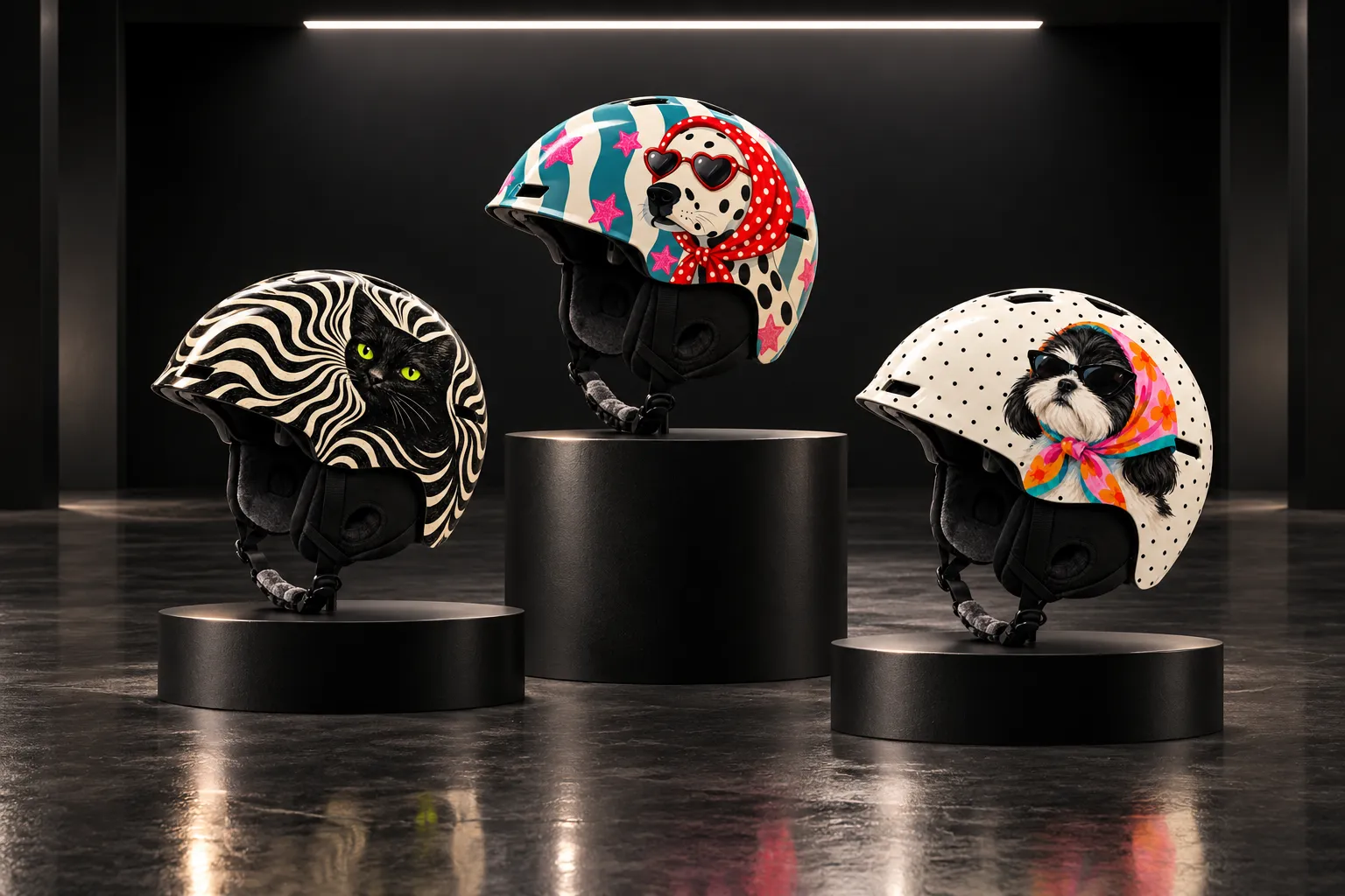 Three printed helmets on black plinths of different heights in a dark gallery: a dalmatian in a red bandana, a black cat in a cream swirl and a shih tzu in a scarf on polka dots
