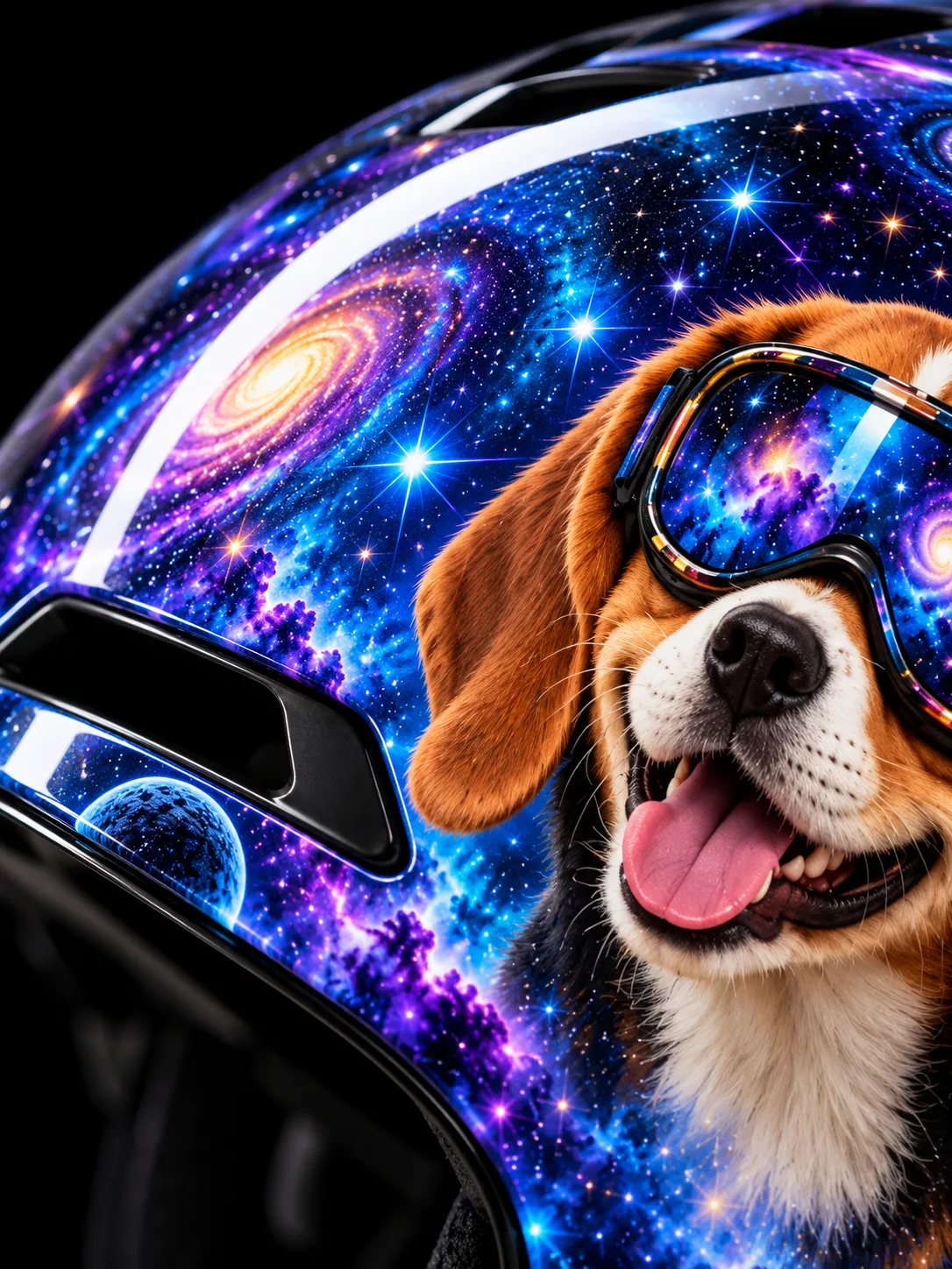 Close-up of a helmet shell printed with a galaxy and a smiling beagle in goggles, a long highlight across the clear gloss coat, a vent opening at the edge