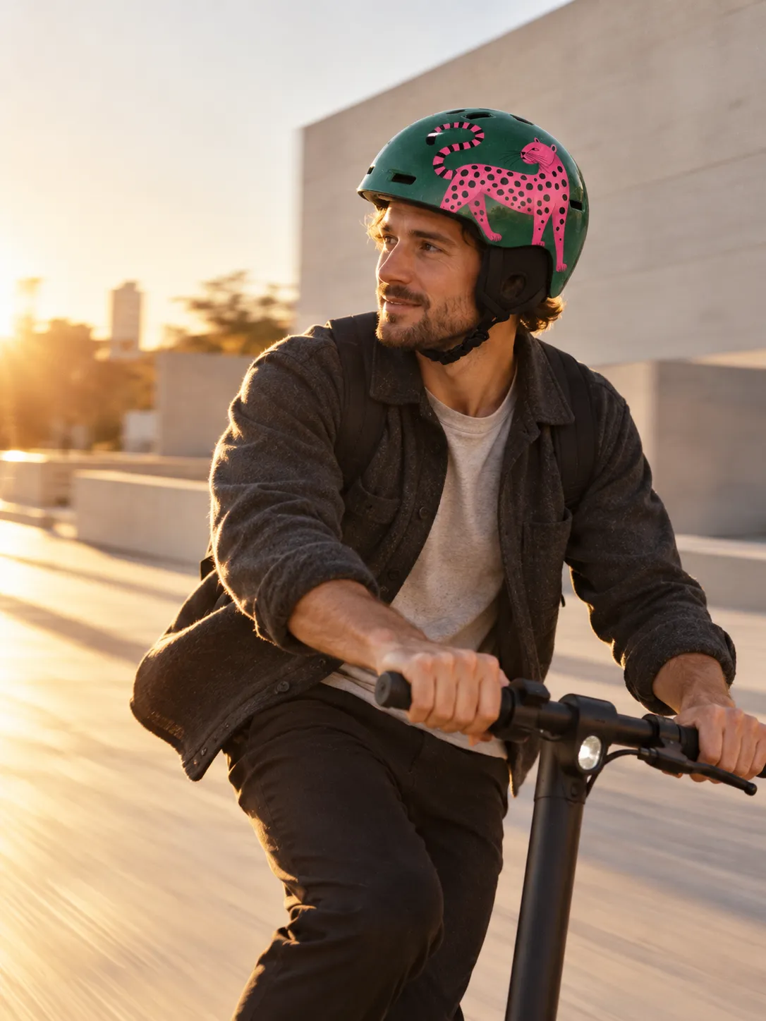 A man in a charcoal overshirt riding an electric scooter across a pale concrete plaza at golden hour, wearing a dark green helmet with a pink leopard on the side