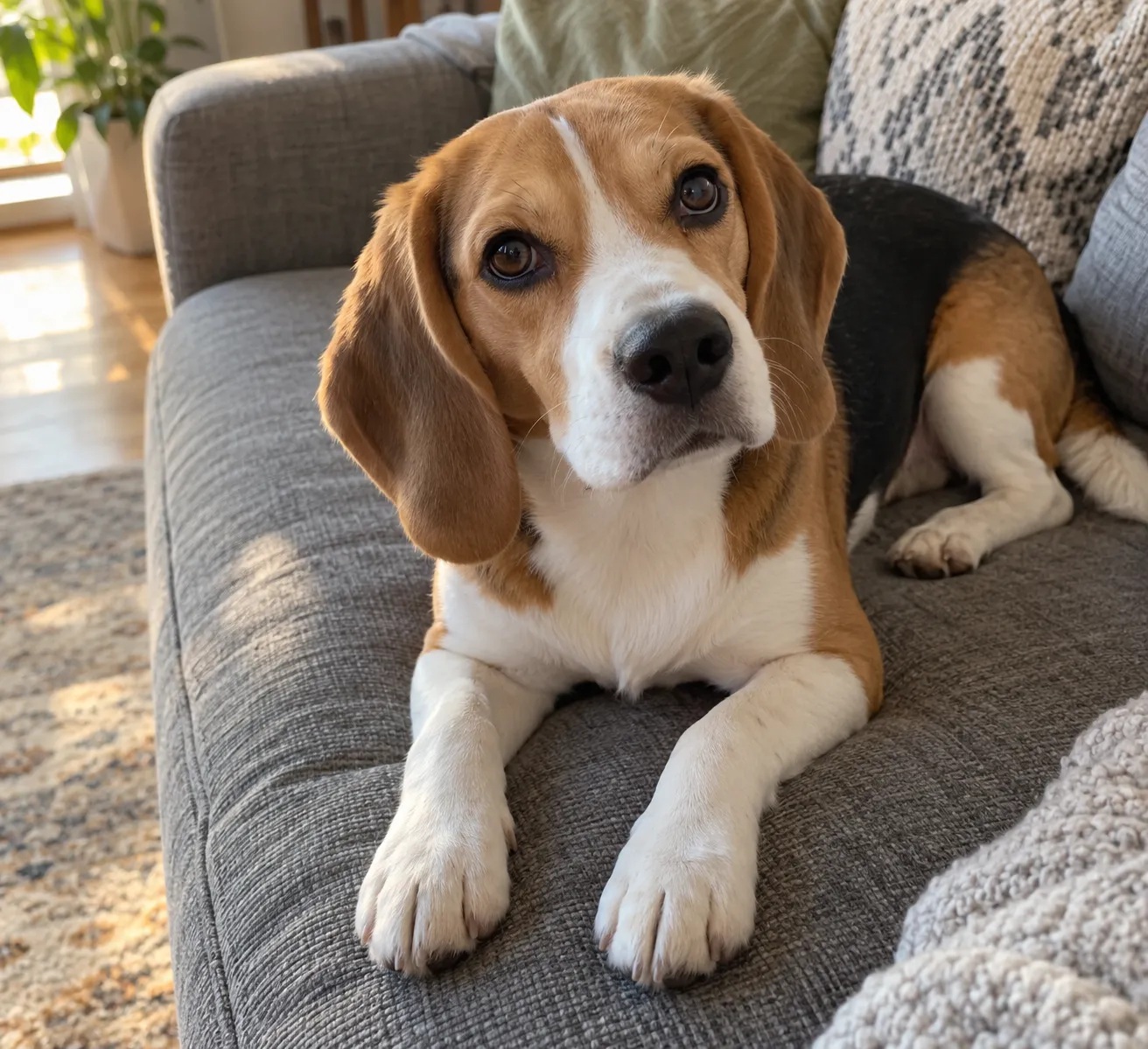 A tricolour beagle lying on a grey sofa, looking up at the camera