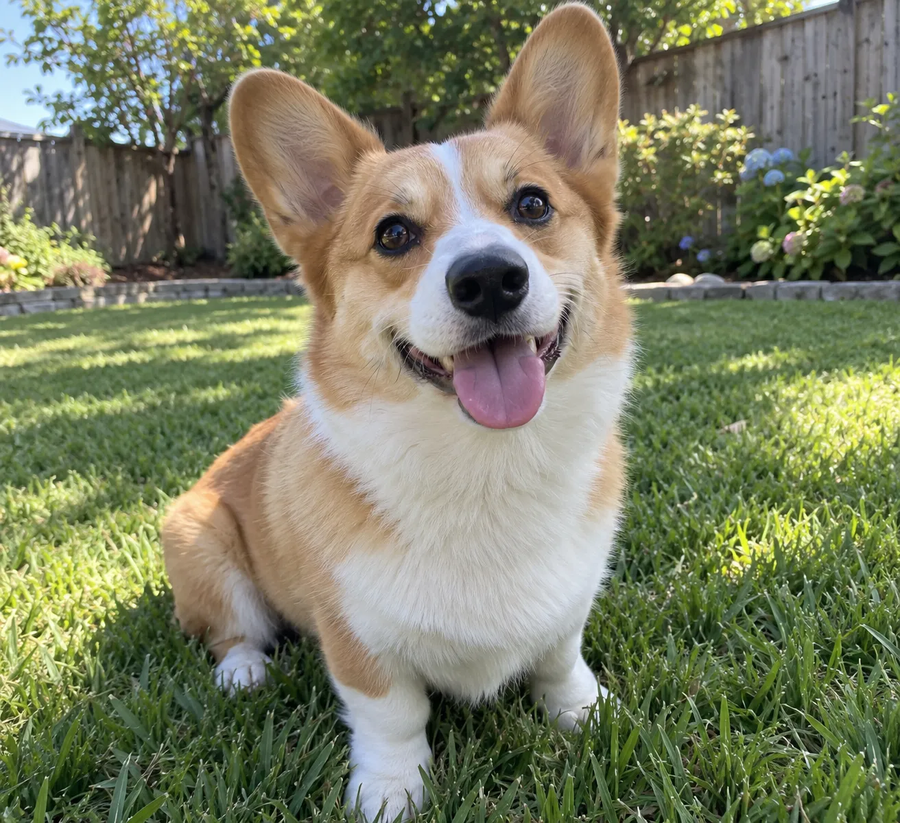 A smiling corgi with its tongue out, sitting on a sunny backyard lawn