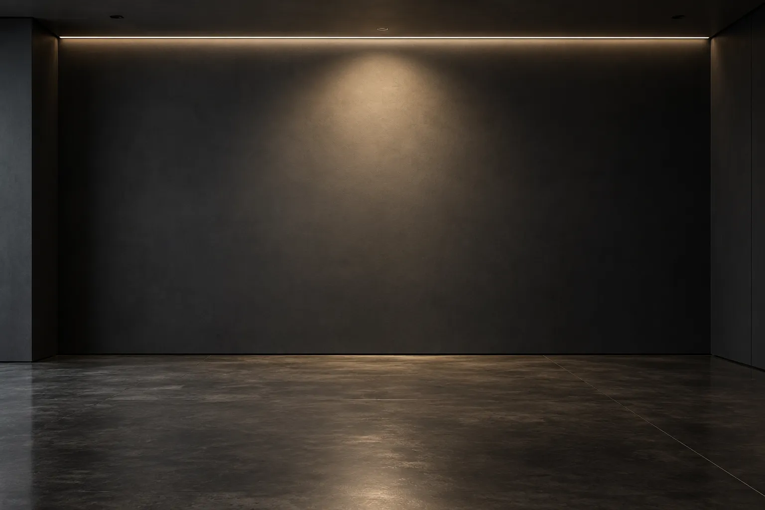 A dark helmet showroom under a single pool of light, an empty display panel in the middle waiting for your design